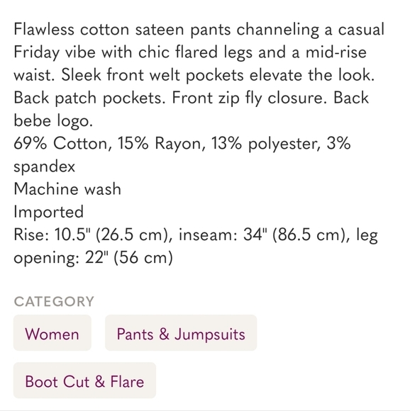 BEBE Clean Sateen Flare Maroon Trousers Women's Size 29 NEW - Picture 5 of 9